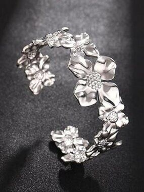 Silver Flower Cuff Bracelet Chunky Statement Jewelry